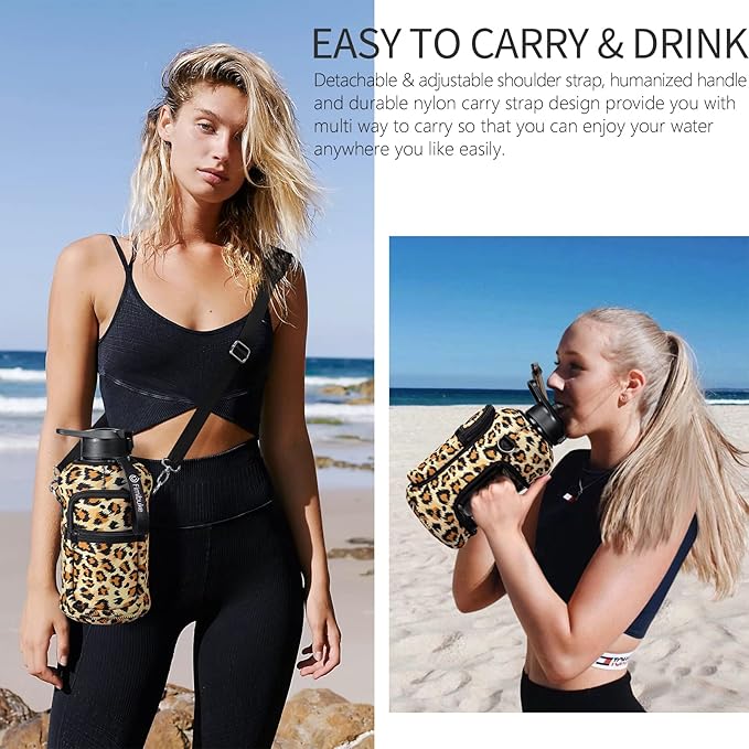 Fimibuke Half Gallon Water Bottle with Sleeve 64 OZ Water Bottle with Handle & Straw Leakproof Motivational Sports Gym Water Bottle with Time Marker BPA Free Water Jug with Reusable Neoprene Holder