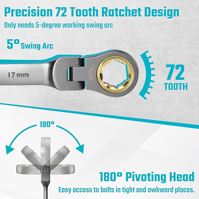 DURATECH Anti-Slip Flex-Head Ratcheting Wrench Set, Combination Wrench Set, 12-Piece, 72-Tooth, Metric, 8-19 mm, CR-V Steel, Organized in Storage Case