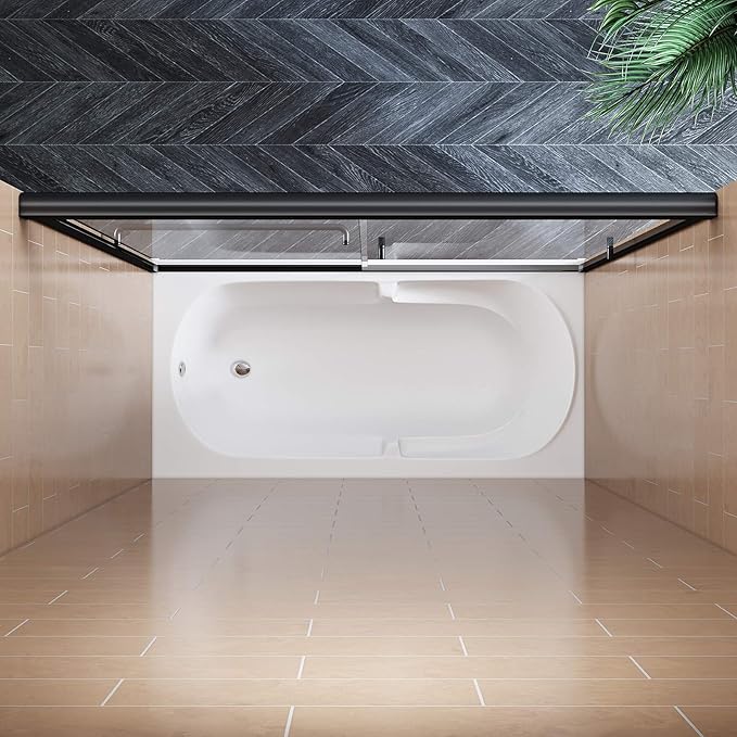 SUNNY SHOWER Bathtub Shower Door Glass Sliding Tub Door Semi-Frameless 1/4" Clear Glass Shower Enclosure Doors for Bathroom, Black Finish 58.5-60 in.W x 62 in.H