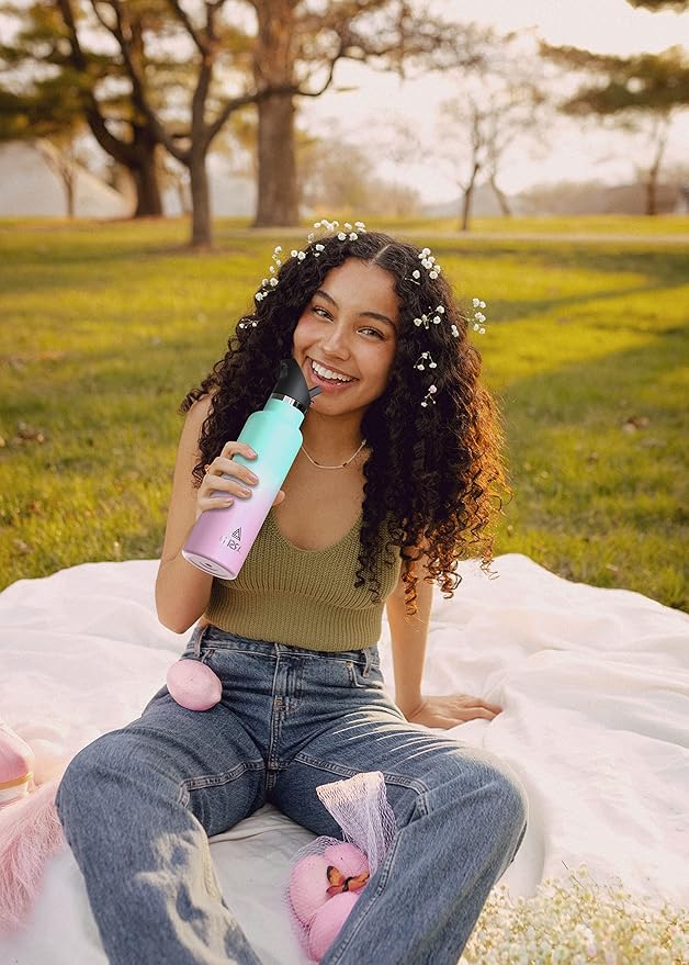 Stainless Steel Water Bottle with Straw - Insulated Water Bottle for Sports, Gym, School, Commute, Adults/Kids - Keep Cold for up to 24 Hours - Sweat/Leak-proof - 2 Lids - BPA Free