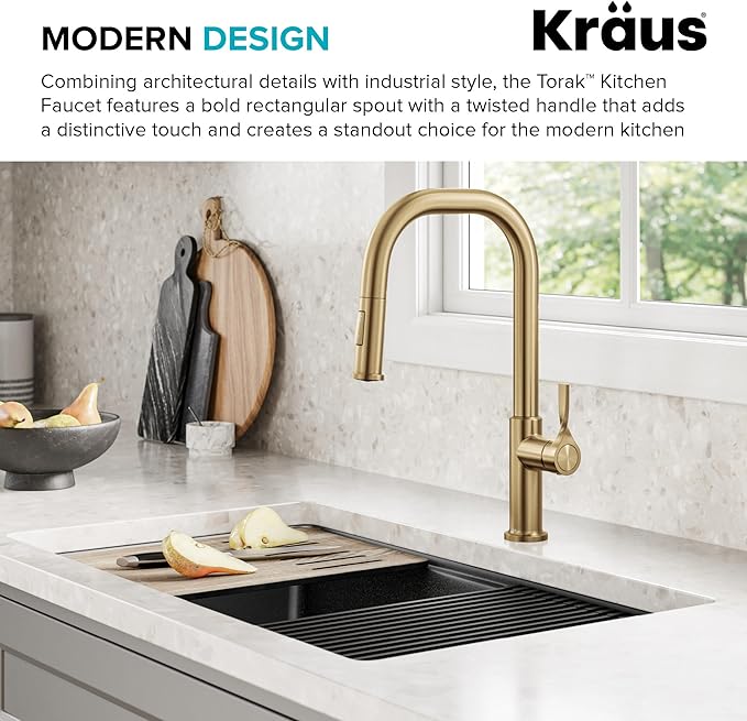 KRAUS Torak Pull Down Kitchen Faucet in Spot-Free Brushed Brass with 2 Function Sprayer, Pre-Attached Water Lines, and Mounting Hardware, KPF-2841SFBB