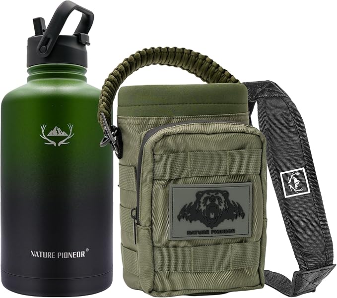 NATURE PIONEOR Tactical Water Bottle with Carrying Molle Sleeve, Stainless Steel 18/8 Food Grade Half Gallon Jug