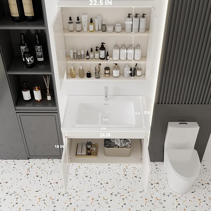 32'' Bathroom Vanity with Ceramic Sink Combo and Medicine Cabinet Mirror with Led Light/Defog, Wall Mounted Small Bathroom Vanity with Soft-Close Door Modern Floating Cabinet, Khaki(No Faucet)