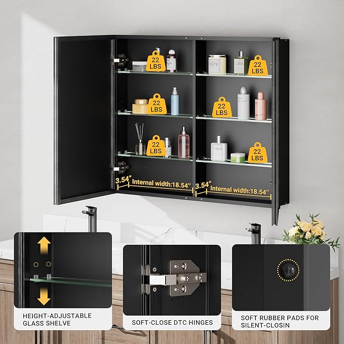 40x30 Inch Black Medicine Cabinet Mirror, Surface or Recessed Large Framed Medicine Cabinet with 2 Beveled Mirror Door & Adjustable Shelves,Shatterproof, Full-Assembled Storage Wall Cabinet