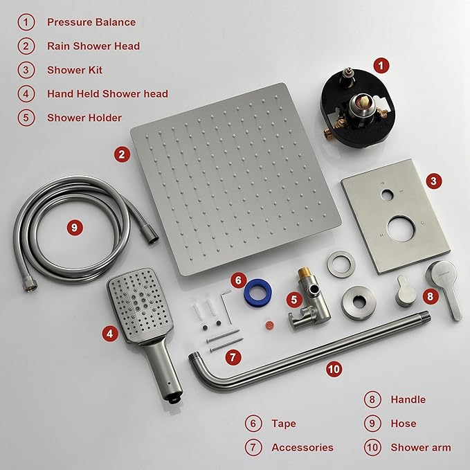 Shower Faucet Set - 12 inches Rain Shower System with 6 Function Handheld Shower Head Rough in Pressure Balance Valve Kit - Stainless Steel Bathroom Shower Kit Complete Brushed Nickel