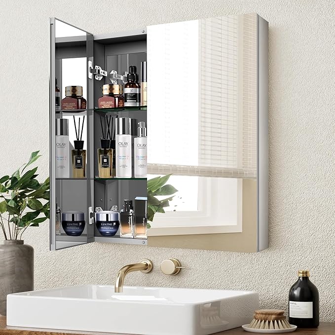 Medicine Cabinet with Mirror Door&Adjustable Shelves, Wall-Mounted Rectangular Medicine Cabinet Beveled Edge Frame, Dual Mirror Doors, 30" x 26"x 5.3"