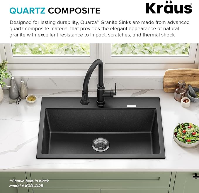 KRAUS Quarza 31-inch Granite Drop-In/Undermount Single Bowl White Kitchen Sink, KGD-412BWHITE