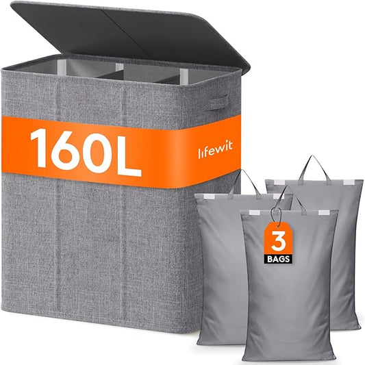 Lifewit Triple Laundry Hamper with Lid and Removable Laundry Bags, Large Collapsible 3 Dividers Dirty Clothes Basket with Handles for Bedroom, Laundry Room, Closet, Bathroom, College, 160L Light Gray