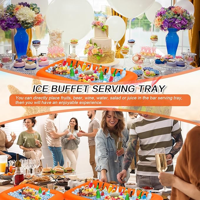 Leitee 4 Pcs Inflatable Ice Serving Bars Buffet Serving Tray Drink Cooler for Pool Party Inflatable Ice Tray Floating Food Drink Containers with Drain Plug and a Hand Pump, 2 Sizes (Orange)