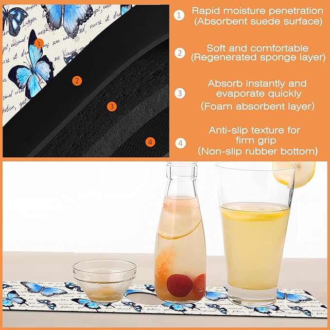 Kitchen Sink Splash Guard Faucet Mat Butterflies Hand Written Text Sink Splash Guard Behind Faucet,1 PC Soft Diatom Mud Non-Slip Mat-for Kitchen,Dish Drying Mat,Bathroom Faucet Mat 15.5"X5.5"