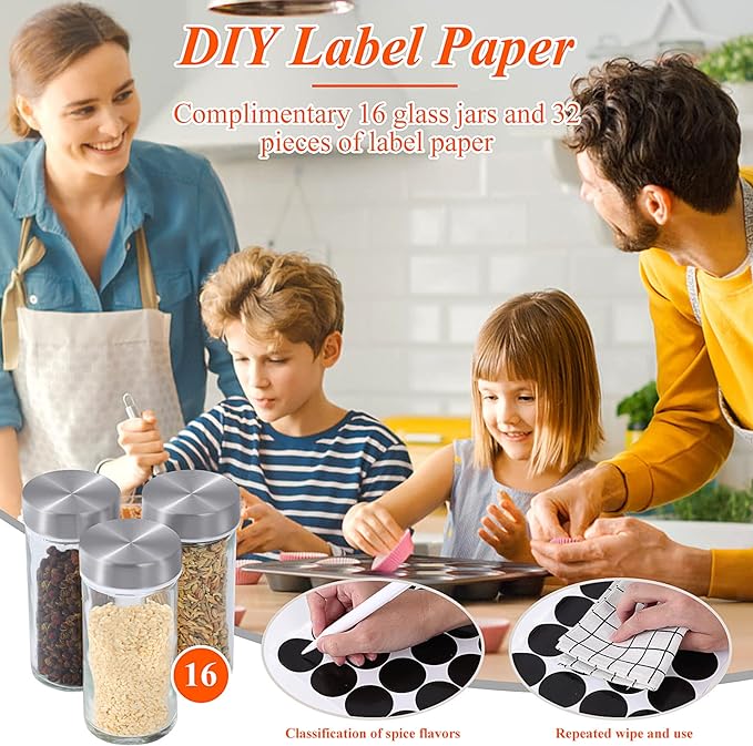 DOUBLE 2 C Revolving Countertop Spice Rack Stainless Steel Seasoning Storage Organization,Spice Carousel Tower for Kitchen Set of 16 Jars (16Jars)