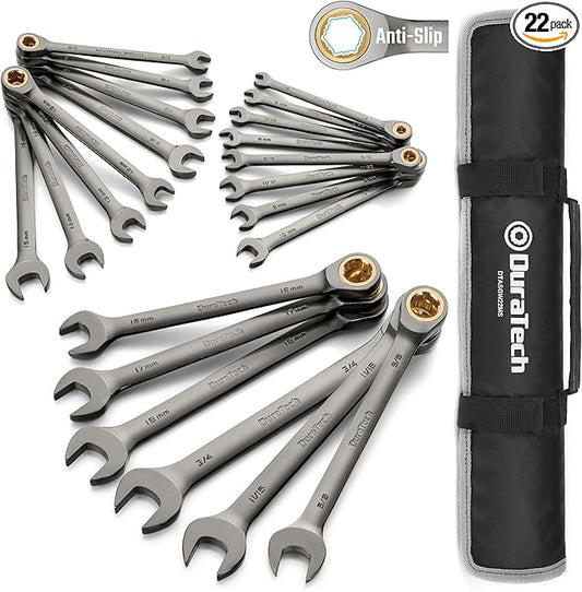 DURATECH Anti-Slip Ratcheting Wrench Set, Combination Wrench Set, 22-piece, Metric & SAE, 1/4" to 3/4" & 6-18mm, 72-Tooth, CR-V Steel, Nickel Plating, with Pouch