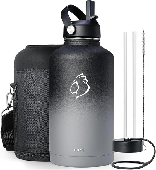 Insulated Water Bottle 64 oz with Straw Lid and Flex Lid, BUZIO 64oz Stainless Steel Water Bottle Half Gallon Jug Flask, Double Wall Vacuum Sports Thermo Mug, Cold Hot Hydro Metal Canteen