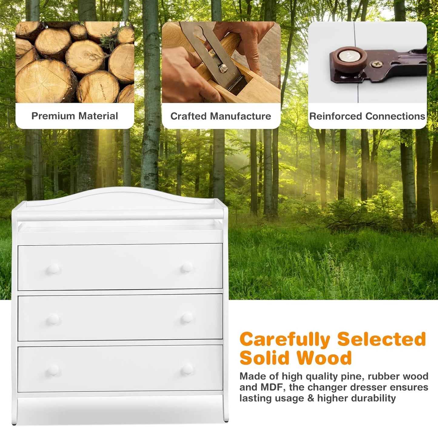 Costzon 3-Drawer Changing Table, Infant Diaper Changing Station with Drawers, Safety Rails & Strap, Baby Changing Table Dresser for Nursery, Easy Assembly (White)