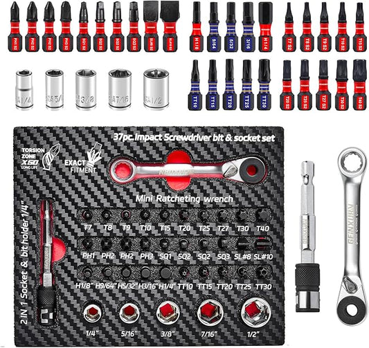 37Pieces Impact Screwdriver Bit & Socket Set with Mini Ratcheting Wrench, 30Pcs Impact S2 Screwdriver Bits Set, 5Pcs SAE Sockets and 2-In-1 Bit Extension Holder Repair Tools