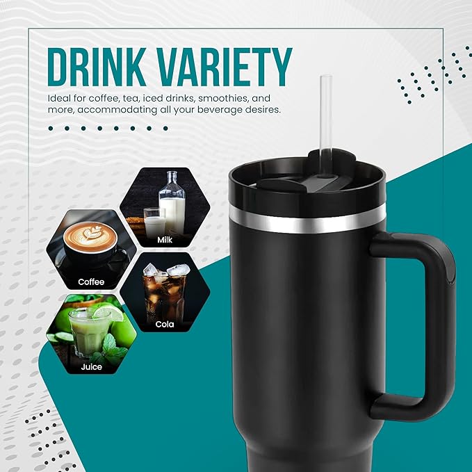 Generic Cup Inspired 40oz Insulated Water Tumbler with Handle & Straw - Vacuum Sealed Travel Mug for Hot & Cold Drinks, Ideal for Office & Home (Black)