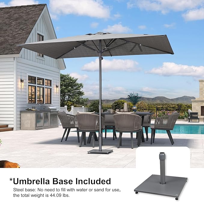 PURPLE LEAF 6 X 10 FT Semi-Auto Outdoor Patio Umbrella with Base Market Table Sun Umbrellas with 6 Aluminum Sturdy Ribs for Backyard Deck Garden Pool (Gray Pole Gray Canopy)