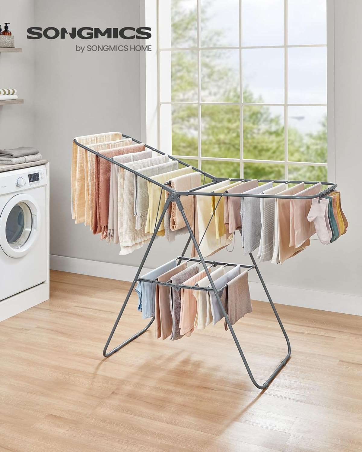 SONGMICS Clothes Drying Rack, with Sock Clips, Metal Laundry Rack, Foldable, Space-Saving, Free-Standing Airer, with 2 Height-Adjustable Gullwings, Indoor Outdoor Use, Gray ULLR052G01