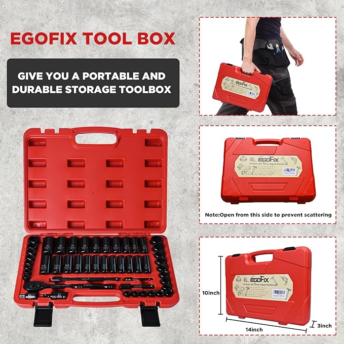 3/8" Drive Impact Socket Set, 50 Piece Standard SAE (5/16 to 3/4 inch) and Metric (8-22mm) 6 Point, with Adjustable Ratchet Handle, Extension Bars, Impact Universal Joint, Adapter, Cr-V Steel