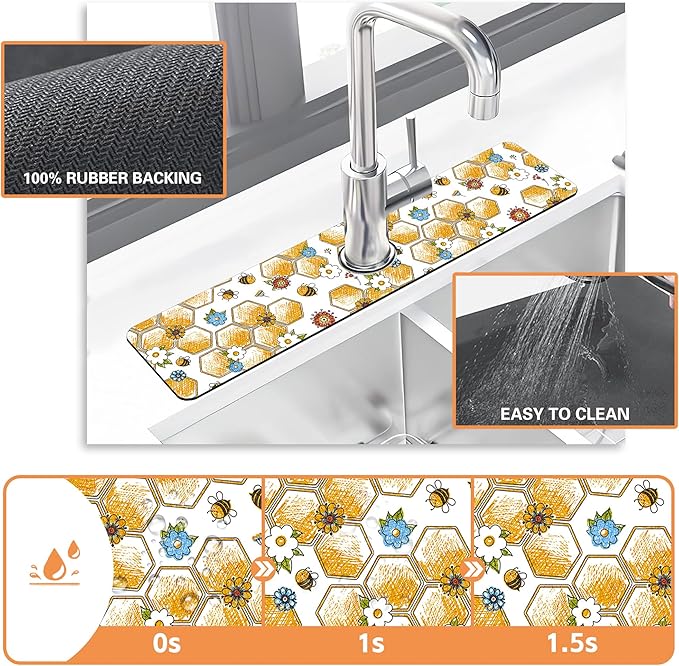 Kitchen Sink Splash Guard Faucet Mat Cute Bees and Honeycomb Sink Splash Guard Behind Faucet,1 PC Soft Diatom Mud Non-Slip Mat-for Kitchen,Dish Drying Mat,Bathroom Faucet Mat 23.5""X5.5""