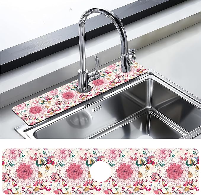 Kitchen Faucet Mat Artistic Floral Kitchen Sink Splash Guard Faucet Mat,1 PC Splash Guard Behind Faucet Drip Catcher for Kitchen,Sink Mat,Dish Drying Mat,Bathroom Faucet Mat 23.5""X5.5""