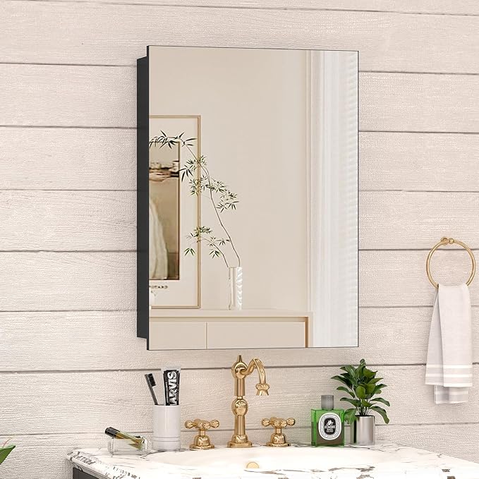 20 x 26 Farmhouse Medicine Cabinet for Bathroom, Black Bathroom Mirror with Storage, Tempered Glass, Frameless Recessed or Wall Mount Aluminum Medicine Cabinet - Pre-Assembled