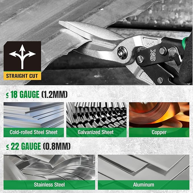 SK 11.5 Inch Aviation Tin Snips, Straight Cut, Cr-Mo Steel Blade, Anti-slip Handle and Safety Latch, for Cutting Sheet Metal