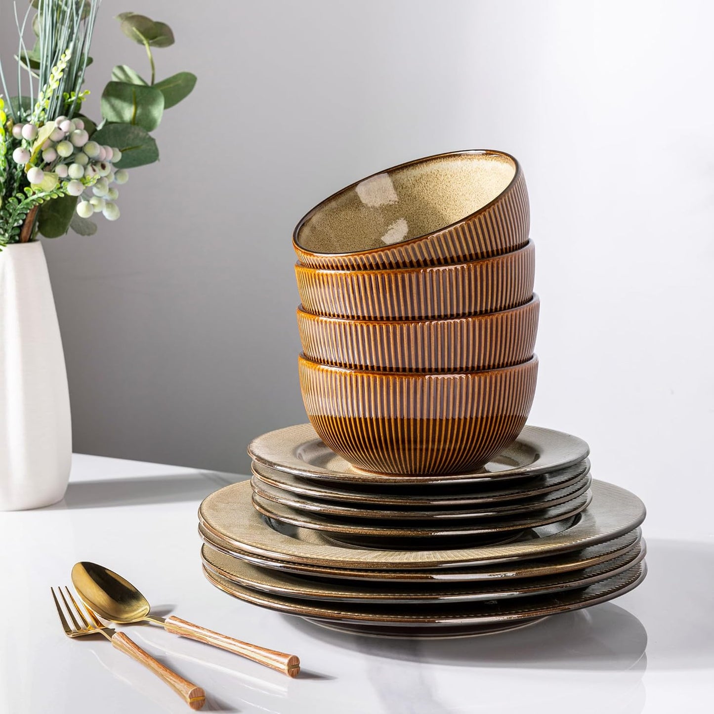 GBHOME Ceramic Dinnerware Sets,12 pcs Embossed Elegant Stoneware Plates and Bowls Sets, Housewarming Wedding Gift | Dishwasher & Microwave Safe | Dishes Set Service for 4