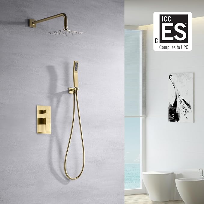 sumerain Brushed Gold Shower System Pressure Balance Shower Faucet, 8 Inches Square Rain Shower Head and Hand Shower, Including Rough-In Valve