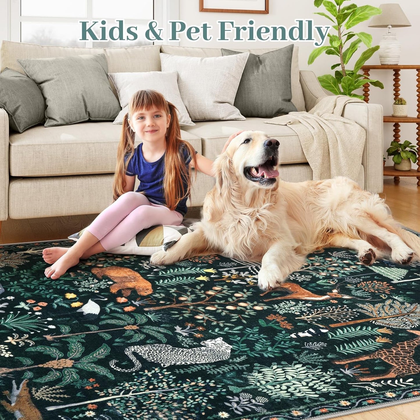 OJIA Jungle Print 5x7 Area Rugs for Living Room, Green Soft Washable Rugs for Bedroom Ultra-Thin Non-Slip Modern Rug, Stain Resistant Nursery Rug Carpet for Kids Playroom Nursery Dining Room
