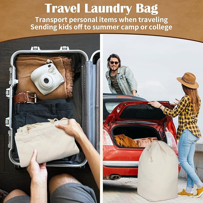 Canvas Laundry Bags with Handles & Square Base 13.8"x 13.8", Large Heavy Duty Laundry Basket Hamper Liner, College Dorm Washable Drawstring Cotton Dirty Clothes Bag (Beige,1 Pack)