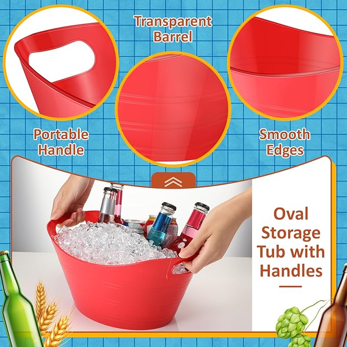 Norme 24 Pcs Oval Storage Tub with Handles, 4.5L Plastic Ice Bucket Wine Beer Champagne Bottle Drink Cooler Tub for Parties Beverage, Storage Basket (Red)