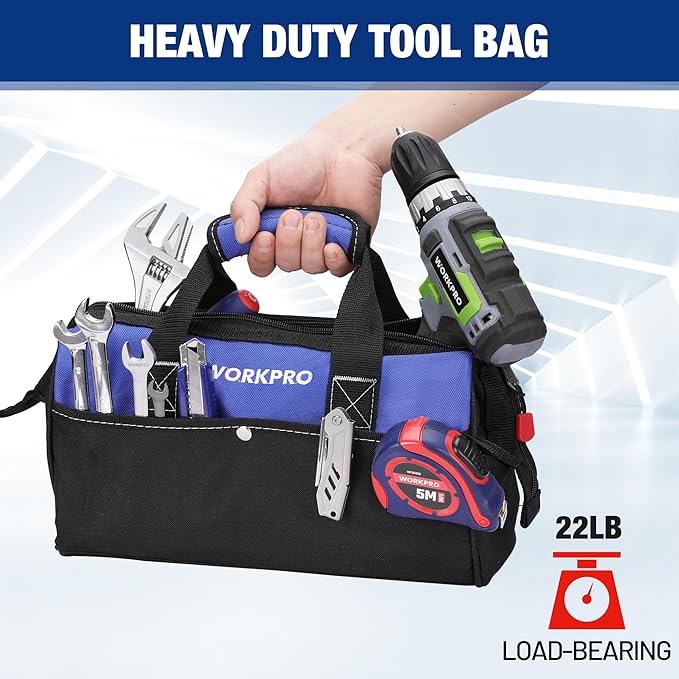 WORKPRO 13-inch Tool Bag, Wide Mouth Tool Tote Bag with Inside Pockets for Tool Storage