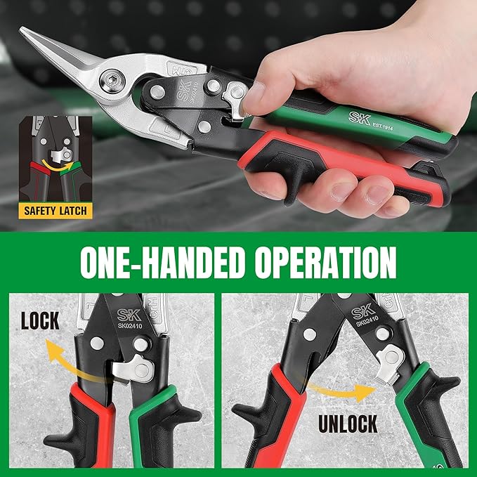 SK Aviation Tin Snips Set, Left, Right and Straight Cut, Cr-Mo Steel Blade, Anti-slip Handle and Safety Latch, for Cutting Sheet Metal