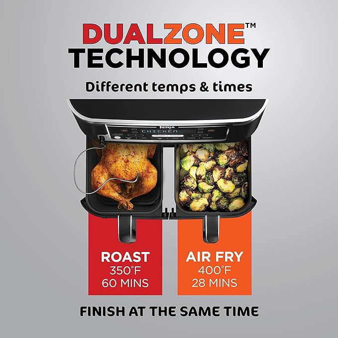 Ninja DZ550 Foodi 10 Quart 6-in-1 DualZone Smart XL Air Fryer with 2 Independent Baskets, Thermometer for Perfect Doneness, Match Cook & Smart Finish to Roast, Dehydrate & More, Grey