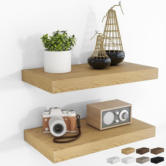 RICHFOCUS 16Inch Floating Shelves for Wall 2 Pack Shelves for Bedroom|Kitchen|Bathroom Wall Mounted Rustic Wood Floating Shelf with Invisible Brackets for Books|Storage|Decor, Oak