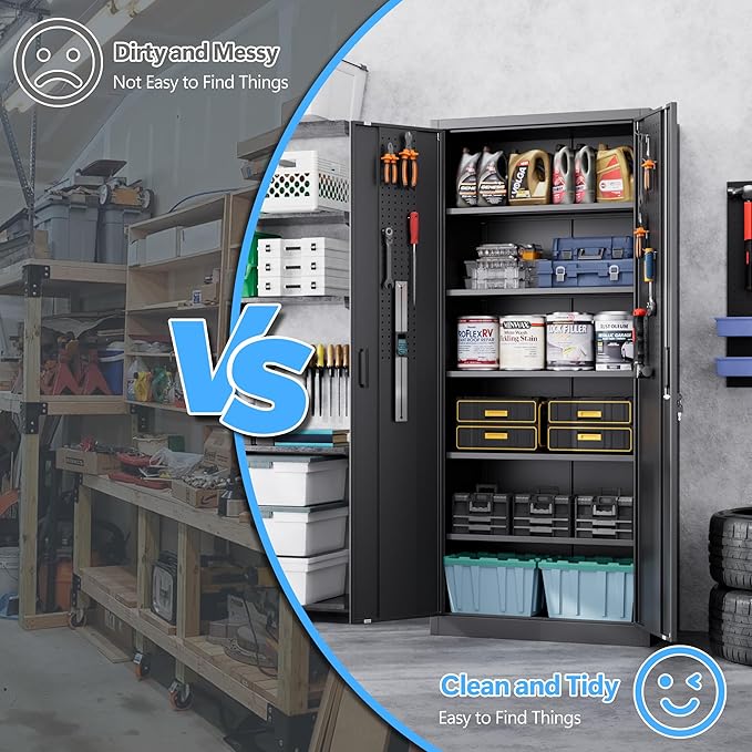 70.87" H Metal Garage Cabinet with 2 Doors and 5 Adjustable Shelves,Metal Storage Cabinet with Pegboards and Hooks for Garage, Office, Home,Gym, School, Assembly Required,Black