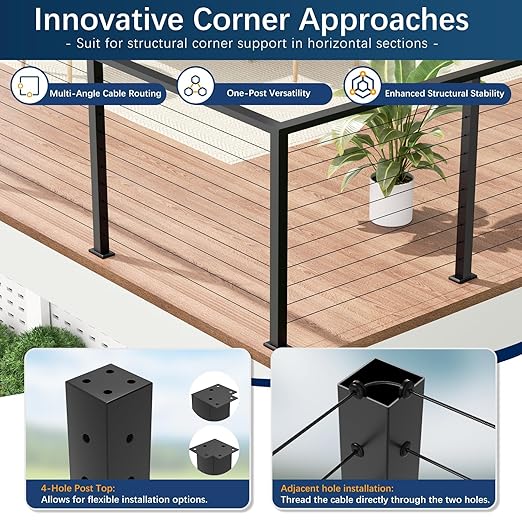 Economical 36" Corner Cable Railing Post, L-Drilled Stainless Steel T304 Corner Rail Post, Upgraded Black Powder Coated One-Post Corner Solution, Wire Metal Post for Indoor Outdoor Deck Railing