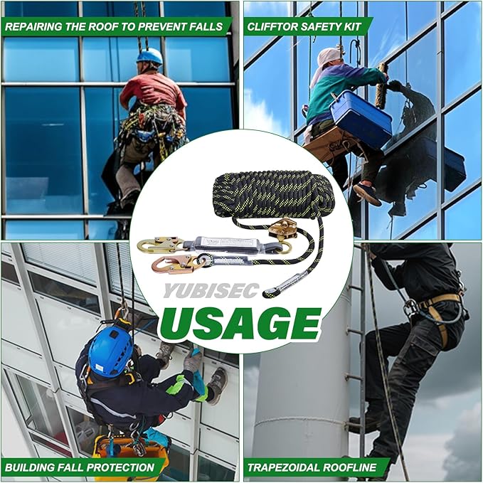 Vertical Lifeline Assembly 100FT, Polyester Rope Harness Safety with Two Grab Snap Hooks Shock Absorber, Fall Protection Safety Rope for Roofing Work, ANSI Compliant