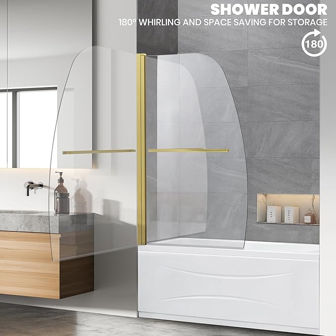 Frameless Hinged Bathtub Shower Glass Door - 34"x58", Clear 8mm Thick, Brushed Gold with Stainless Steel Handle