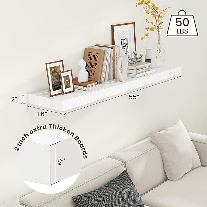 White Floating Shelves for Wall - 55 Inch Wide x 12 Inch Deep Wall Shelves Set of 1 - Rustic White Wood Shelves for Living Room, Bathroom, Laundry Room, Bedroom, Kitchen, Home Office