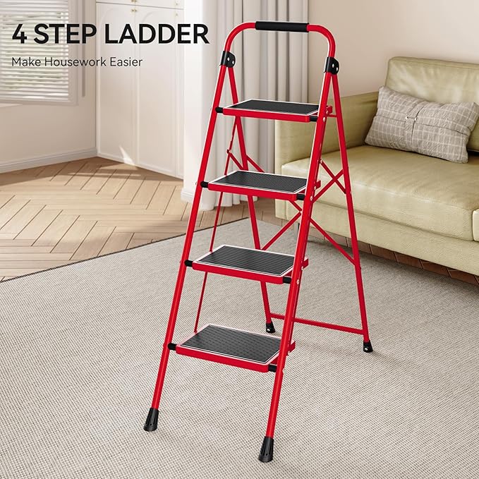 KINGRACK 4 Step Ladder, Folding Step Stool with Anti-Slip and Wide Pedal, Lightweight Stepladder with Handrails, Portable for Kitchen, Household, Red