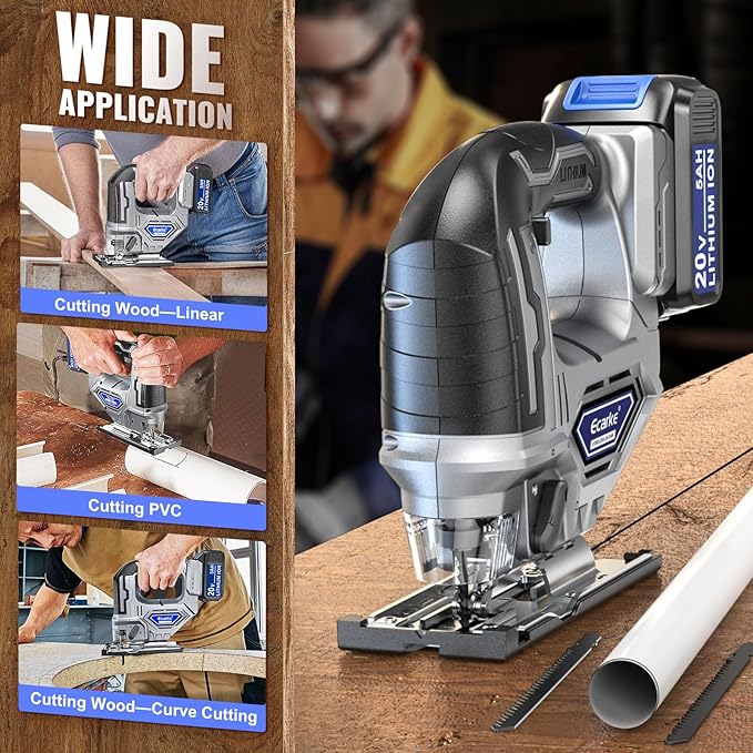 Cordless Jigsaw Tool Compatible with Dewalt 20V Battery, Variable Speed, LED Light, 0°-45° Bevel Cuts, 3-Position Orbital Action, Brushless Motor for Cutting (With 5Ah Battery & Charger Station Kit)