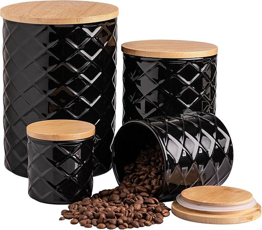 Sweejar Ceramic Canisters Sets for Kitchen Countertop, Relief Food Storage Jar with Bamboo Lid, Stackable Container for Flour, Coffee, Pasta, Cereal, Tea, Cookies, Sugar, Spices, Pack of 4 (Black)