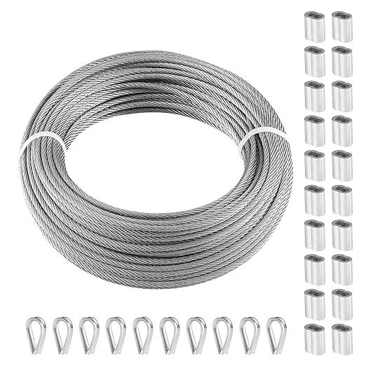 VEVOR 1/8 Stainless Steel Cable, 1/8 Wire Rope, 100 FT 316 Cable Wire 20 Sleeves & 10 Thimbles, 1600 lbs Breaking Strength, 7x7 Strands Marine Aircraft Grade for Handrail Stair Decking Fence Outdoors