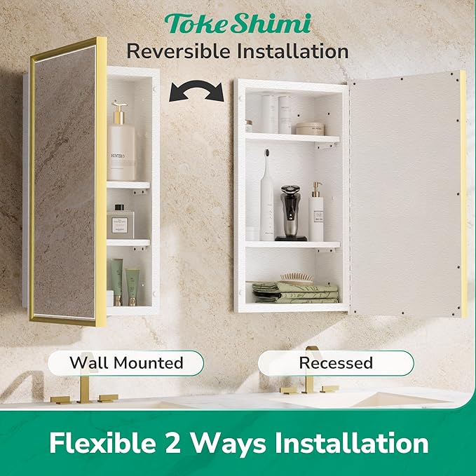 TokeShimi 17x25 Recessed Medicine Cabinet with Mirror Surface Mount, Aluminum Framed Metal White and Gold Medicine Cabinet with Mirrored, Bathroom Beveled Mirror Adjustable Storage