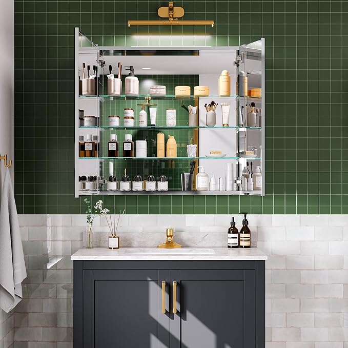 30''×30'' Bathroom Medicine Cabinet, Storage Cabinet with Mirror Door, Vanity Mirror, Blum Hinges Soft-Close Door, Recessed/Surface Mount, Adjustable Glass Shelves