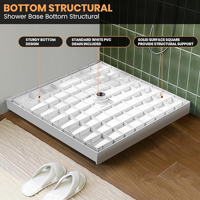 Shower Base 36"×36"×4", Single Threshold Shower Tray with Center Drain, Square SMC Shower Pan, White Slip Resistant Textured Surface Shower Base for Bathroom