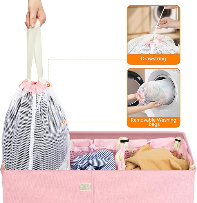 WOWLIVE Laundry Hamper with Lid,160L Large Laundry Basket 3 Section with Removable Washing Bags,Collapsible Waterproof Dirty Clothes Hamper for Laundry Room Bathroom Dorm,Pink
