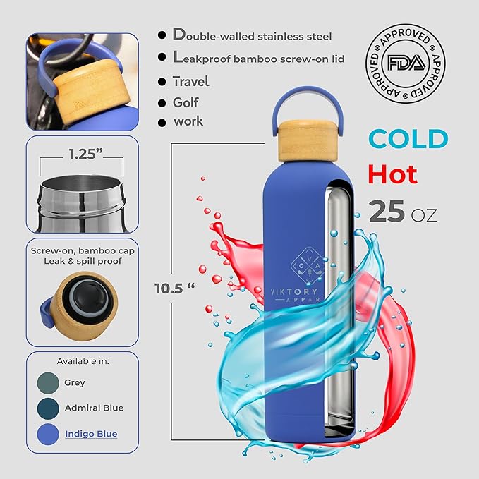 Premium, Double-Walled, Vacuum Sealed, Insulated Water Bottle - 25 oz (750 ml) with Carry Handle (Indigo Blue)